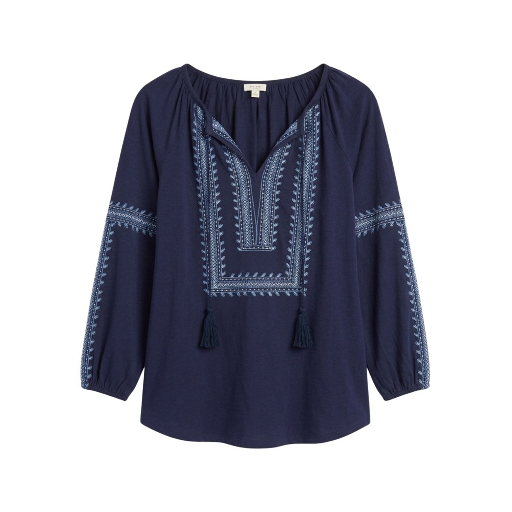 Soft Joie Navy Blue Embroidered Tassel Peasant Blouse XS Boho Top
